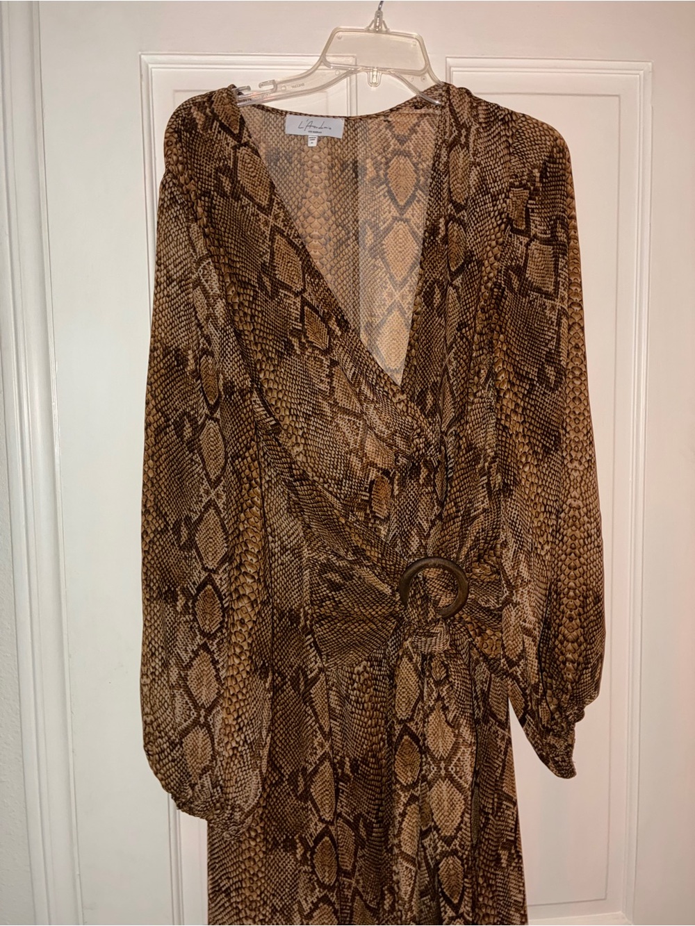 L'Academie Snake Print Wrap Midi Dress XL Brown Long Sleeve Buckle - Picture 2 of 4